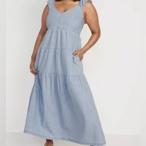 NWT Old Navy XXL Chambray Tiered All-Day Fit & Flare Maxi Dress Blue Women's 2XL